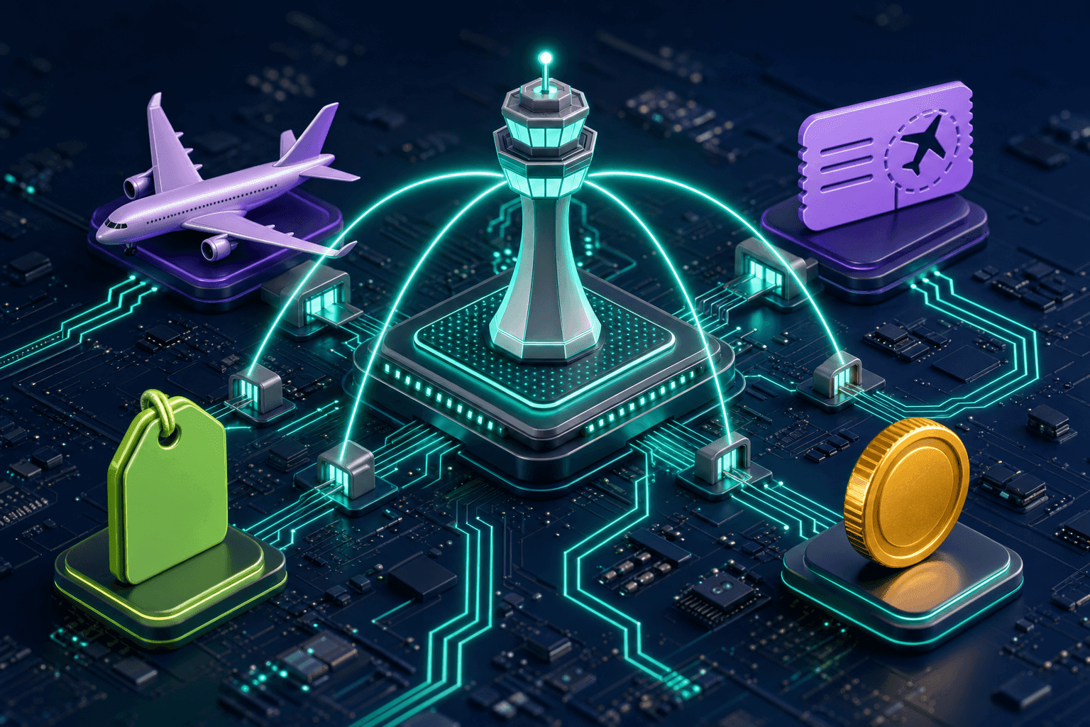 DigitSpace Providers carrier console: a glowing control tower on a circuit board directing routes of light toward provider gates