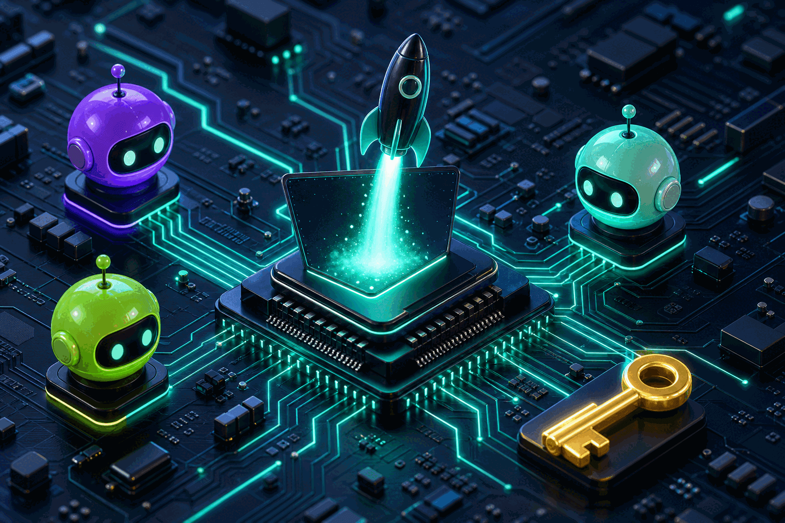 A glowing terminal on a circuit board launching a fleet of coding agents, representing the DigitSpace CLI's new launch command