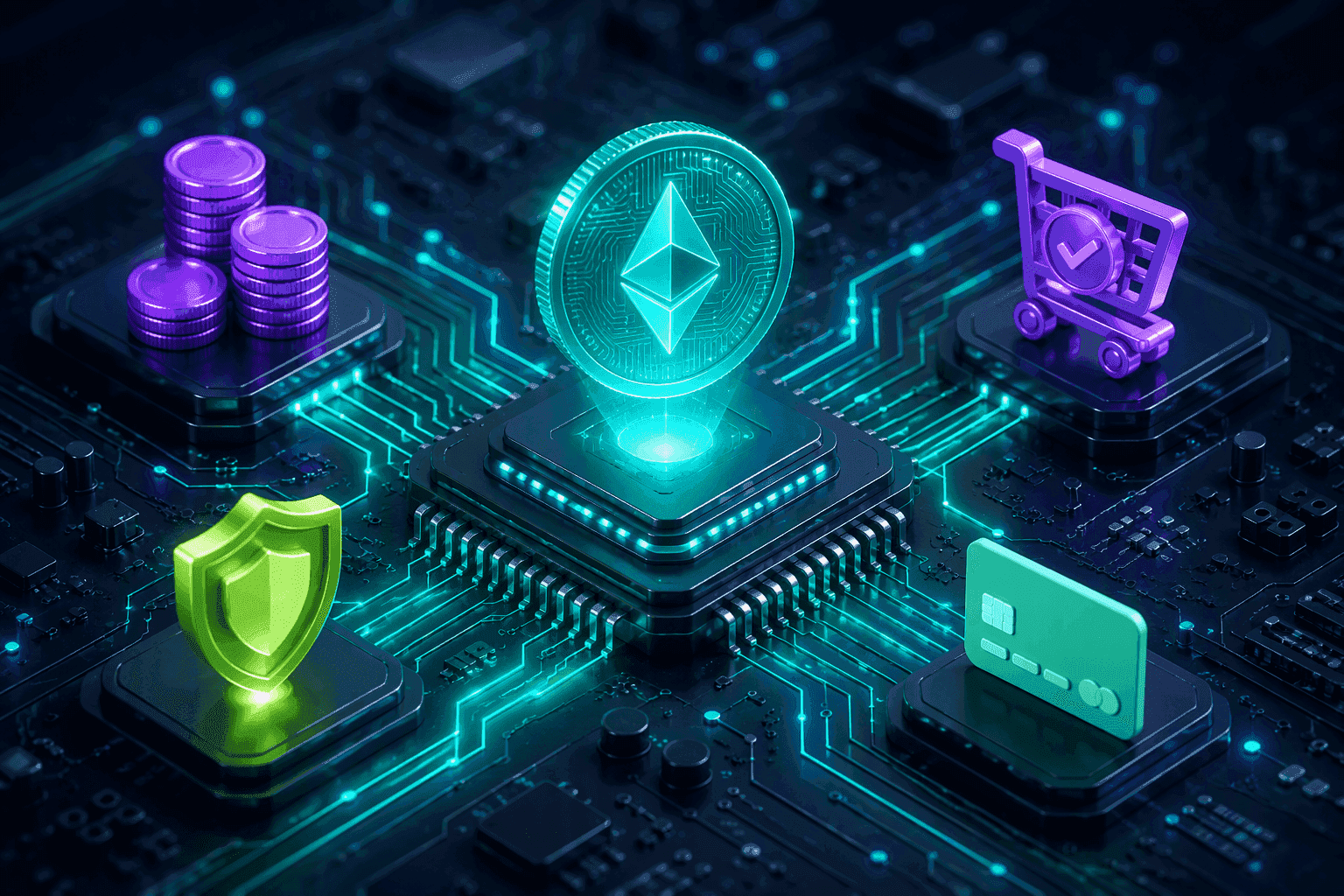 A circuit board with a glowing crypto coin on the central chip, representing crypto payments for DigitSpace credits