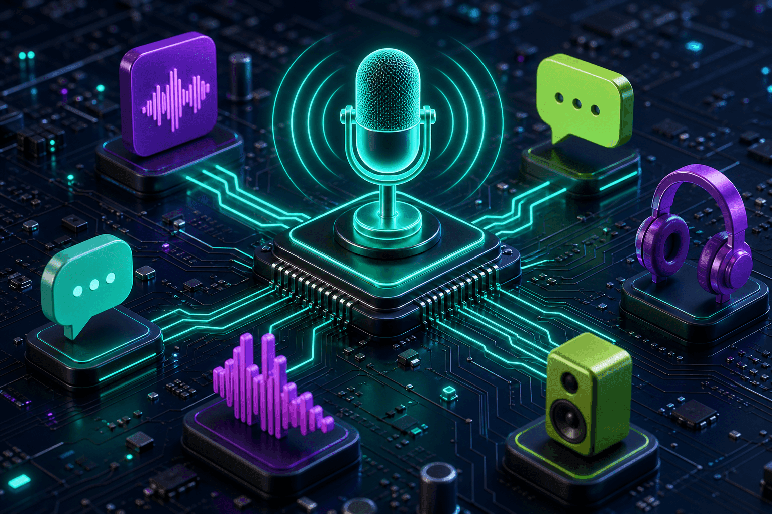 A glowing microphone on a circuit-board chip surrounded by sound waves and audio icons, representing the DigitSpace realtime voice API