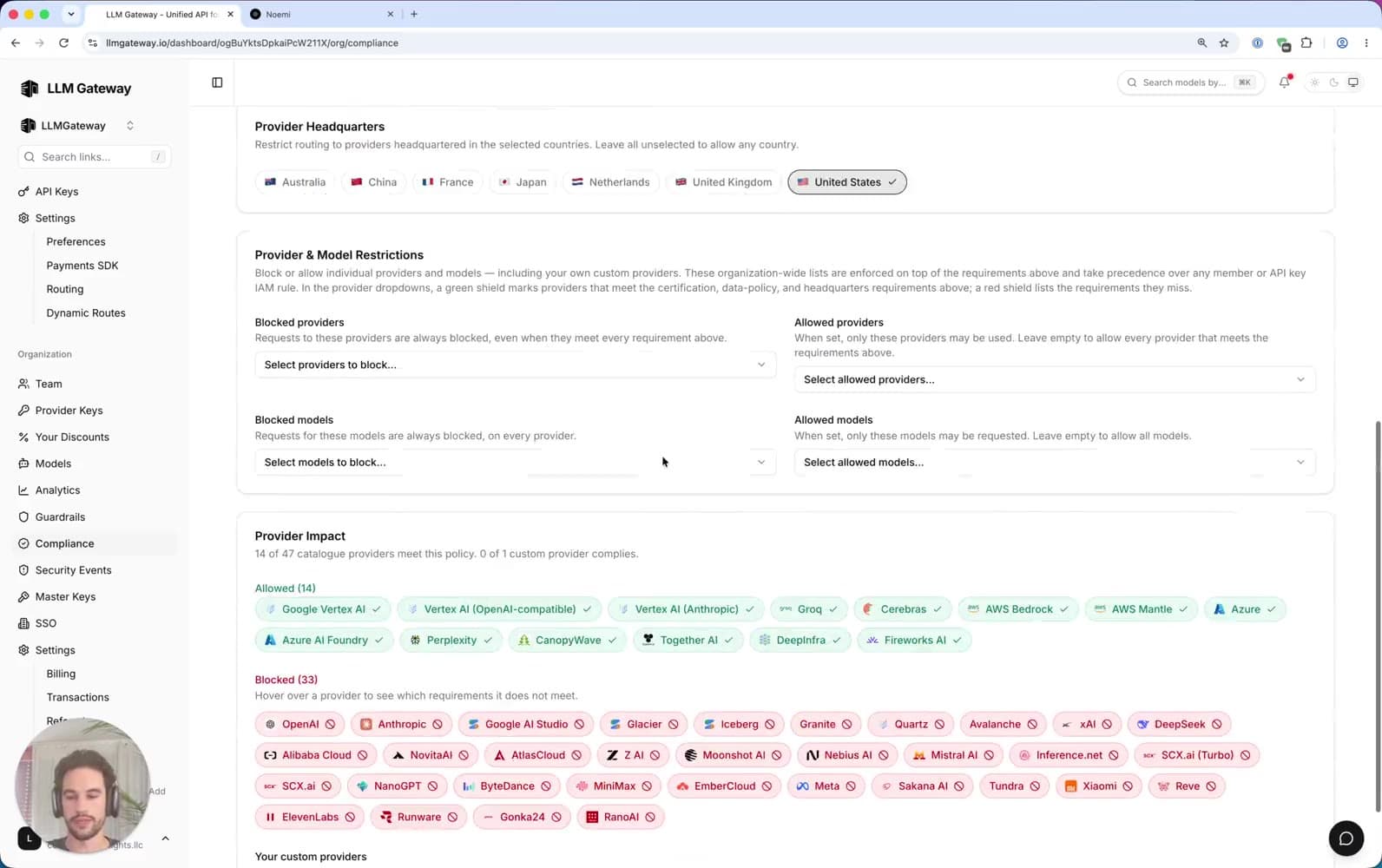 DigitSpace compliance settings restricting routing by provider headquarters, with 14 allowed and 33 blocked providers