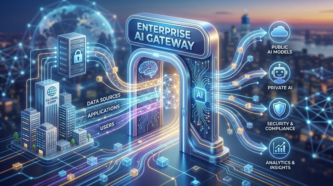 Enterprise AI Gateway connecting data sources, applications, and users to AI models