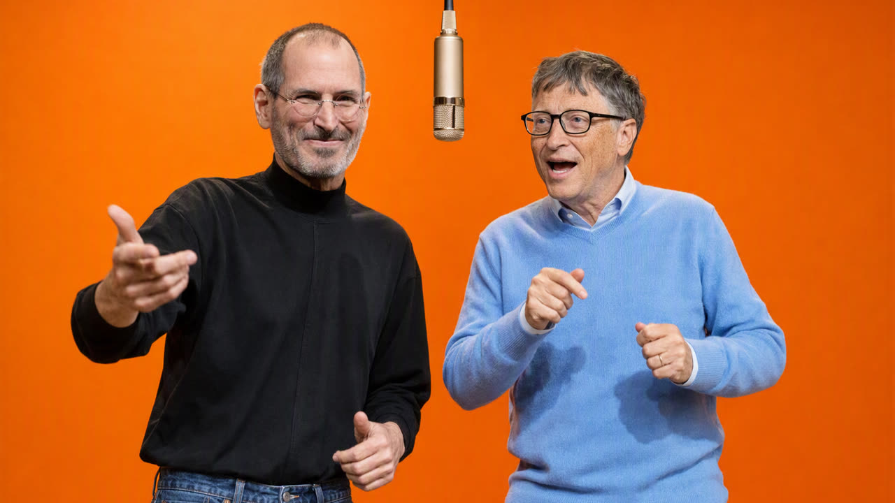 Generated first frame of Steve Jobs and Bill Gates standing under a hanging microphone on an orange set