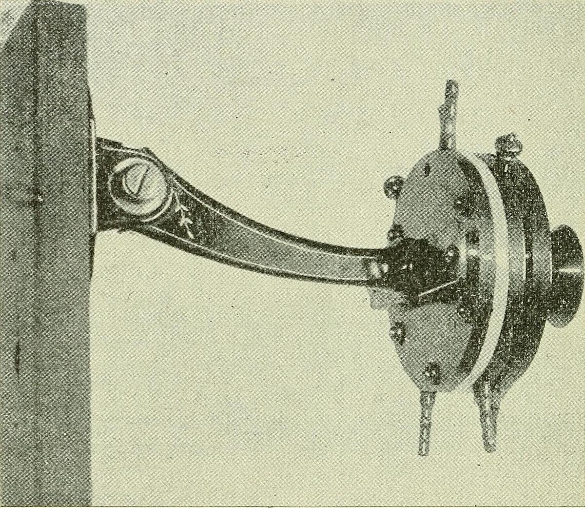 An engraving of a wall-mounted telephone transmitter from a 1906 telephone handbook.